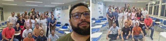 Imagem à esquerda com os participantes do evento reunidos e foto da direita com os orientadores.