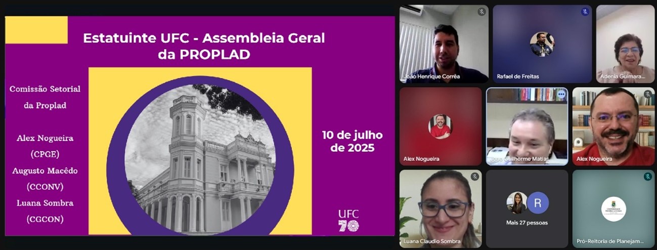 Print da tela da reunião no Google Meet. Do lado esquerdo consta apresentação da estatuinte UFC - Assembleia Geral da PROPLAD. Do lado direito, telas dos participantes.