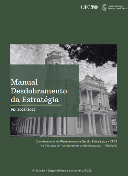 Capa em verde escuro com foto em preto e branco da Reitoria da UFC do "Manual Desdobramento da Estratégia - PDI 2023-2027".