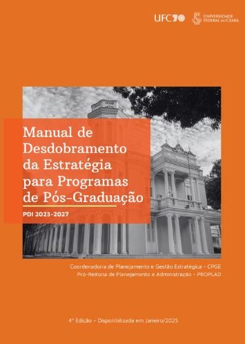 Capa na cor laranja com foto em preto e branco da reitoria da UFC do "Manual de Desdobramento da Estratégia para Programas de Pós-Graduação - PDI 2023-2027".