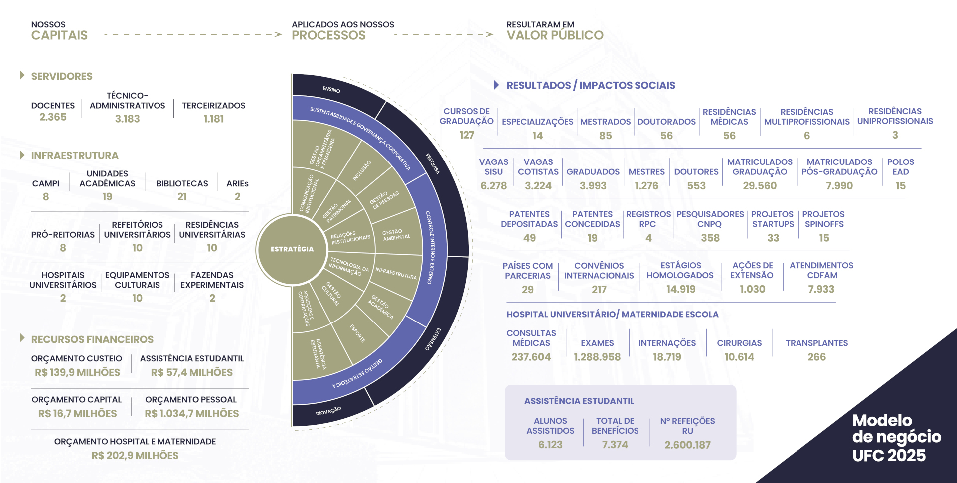 Gráfico com capital empregado, processos utilizados e valor público gerado pela UFC em 2022